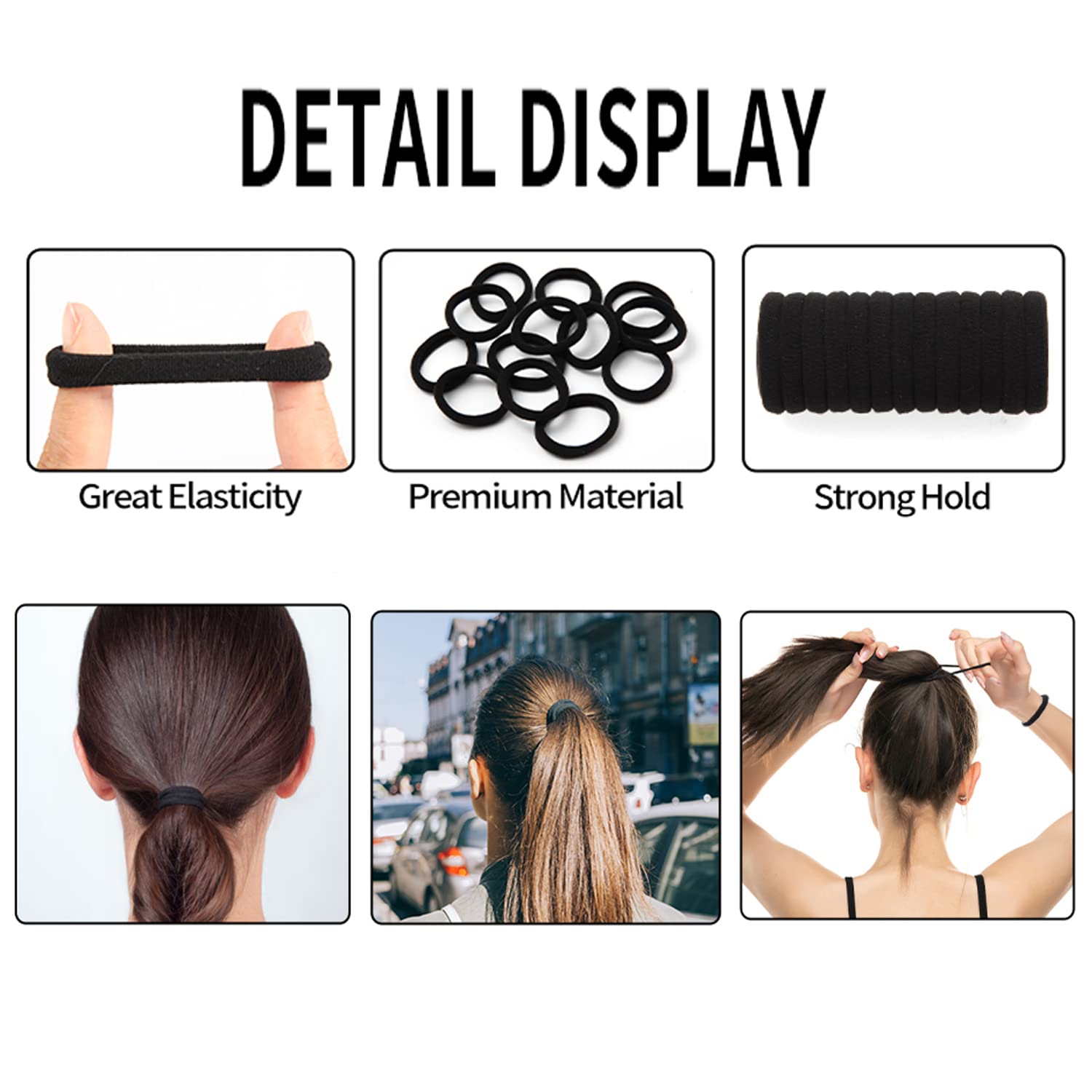 100 ligas negras para cabello grueso, sin daños, para coletas de caballo para cabello grueso para mujeres, ligas de pelo grueso sin costuras, ligas