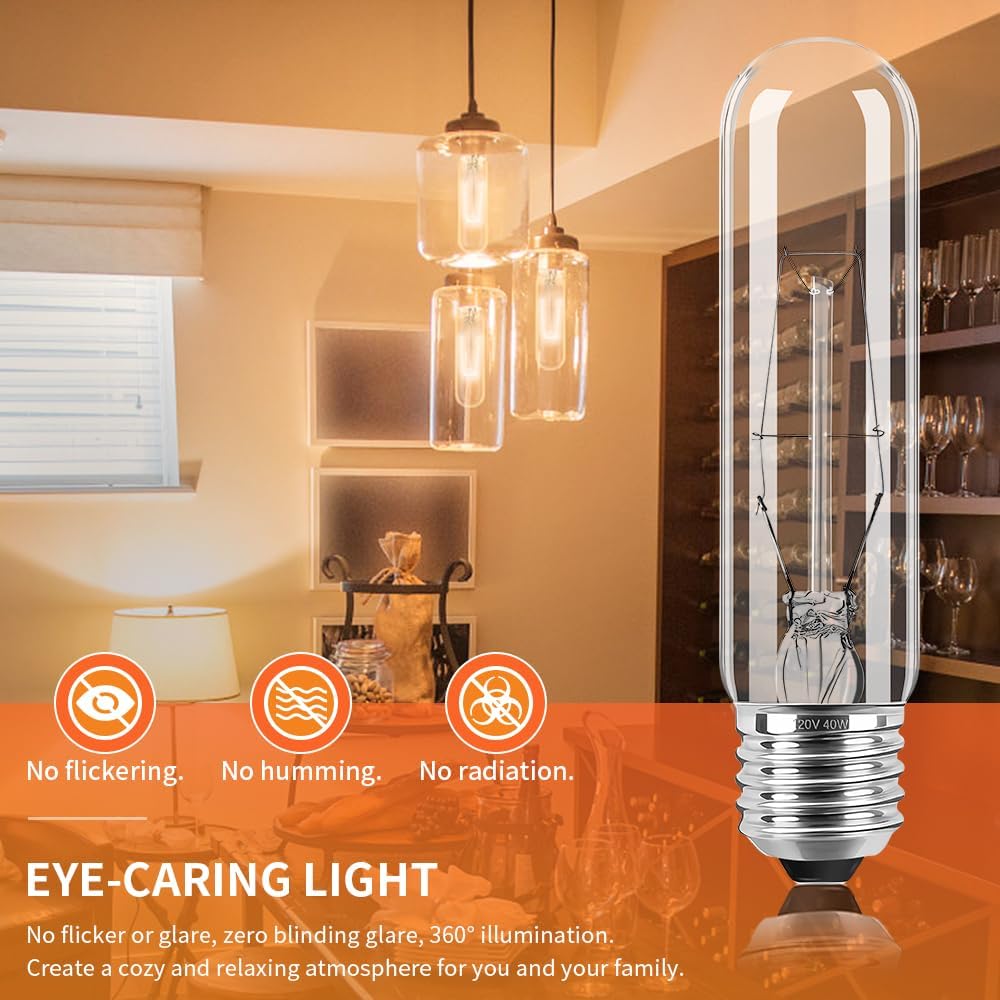 Bombilla incandescente tubular transparente T10 de 40 vatios, base media E26, 2700 K blanco suave, 280 lúmenes, lámpara de escaparate. (6)