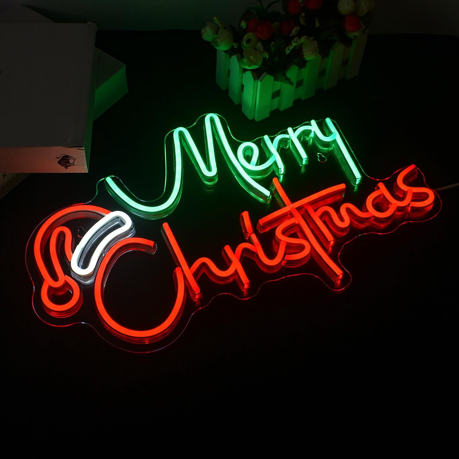 Lucunstar Letrero de neón verde de Feliz Navidad, letreros de neón para decoración de pared, luz LED de sombrero de Navidad con tablero acrílico,