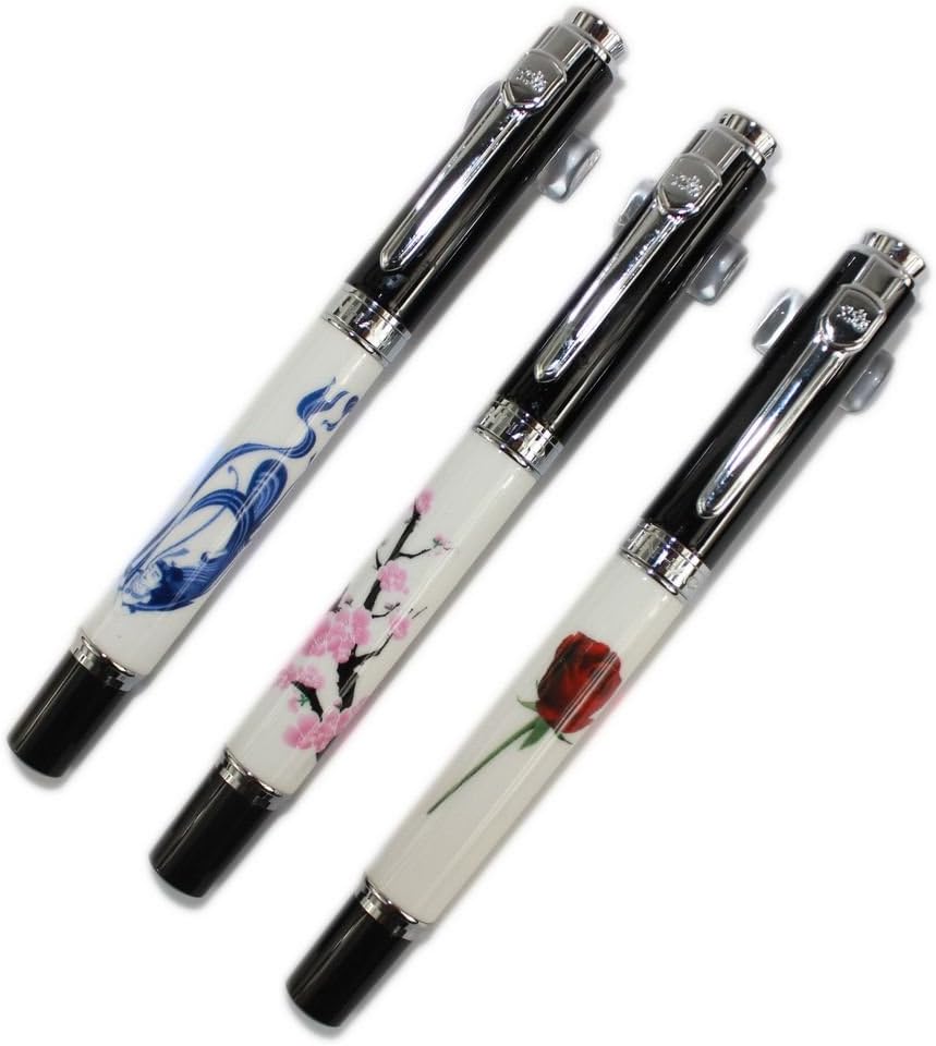 Gullor 3 Pcs Rollerball Pen 8802 Blanco y Negro, clip plateado, tres patrones