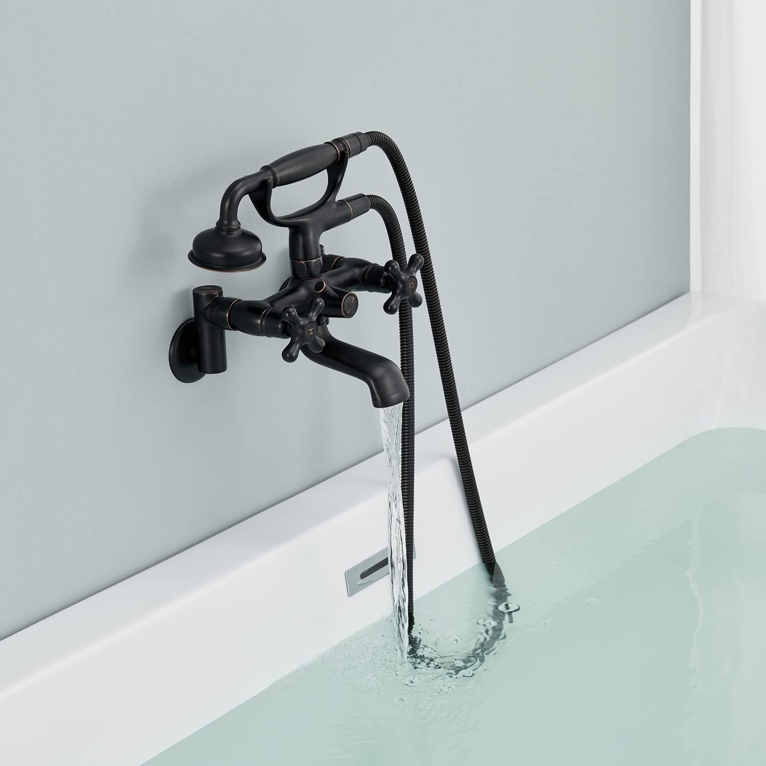 Clawfoot – Grifo de bañera de montaje en pared, bronce aceitado, grifos de bañera de latón vintage con ducha de mano en forma de teléfono