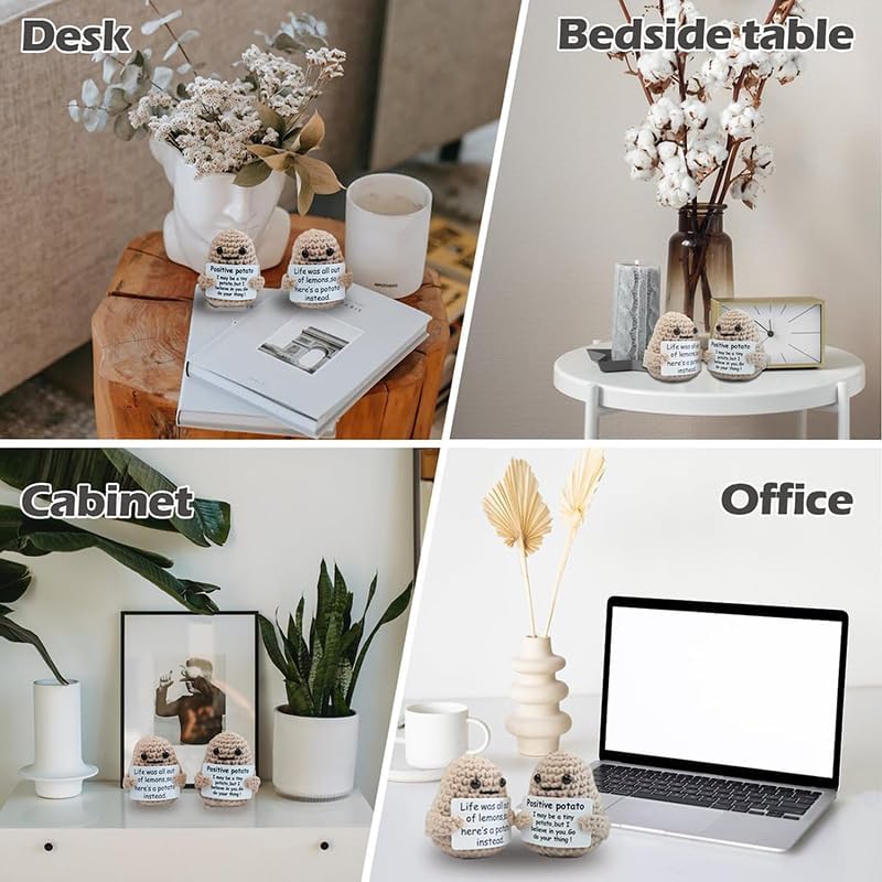 Mini divertida patata positiva con base de madera, juguete de papa de punto de 3 pulgadas con tarjeta positiva creativa linda lana positiva muñeca