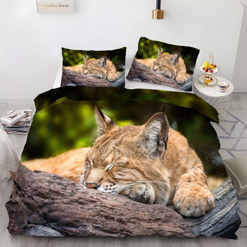 Funda de edredón marrón Wildlife California King, ropa de cama con estampado de lince, funda de edredón de microfibra suave y 2 fundas de almohada