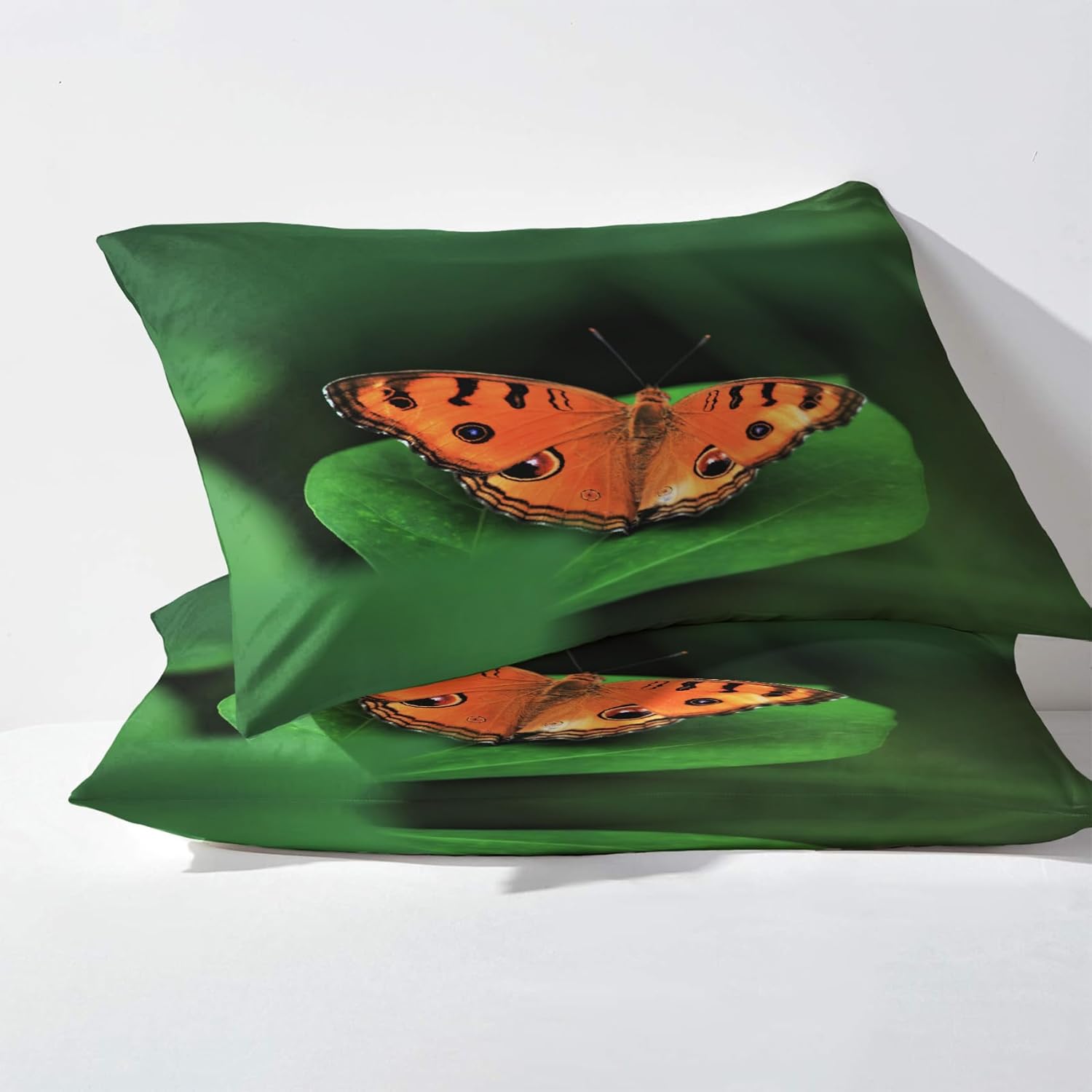 Sábanas de mariposa tamaño Queen, sábanas de hojas verdes de mariposas, sábanas y fundas de almohada de 4 piezas, sábana bajera ajustable de
