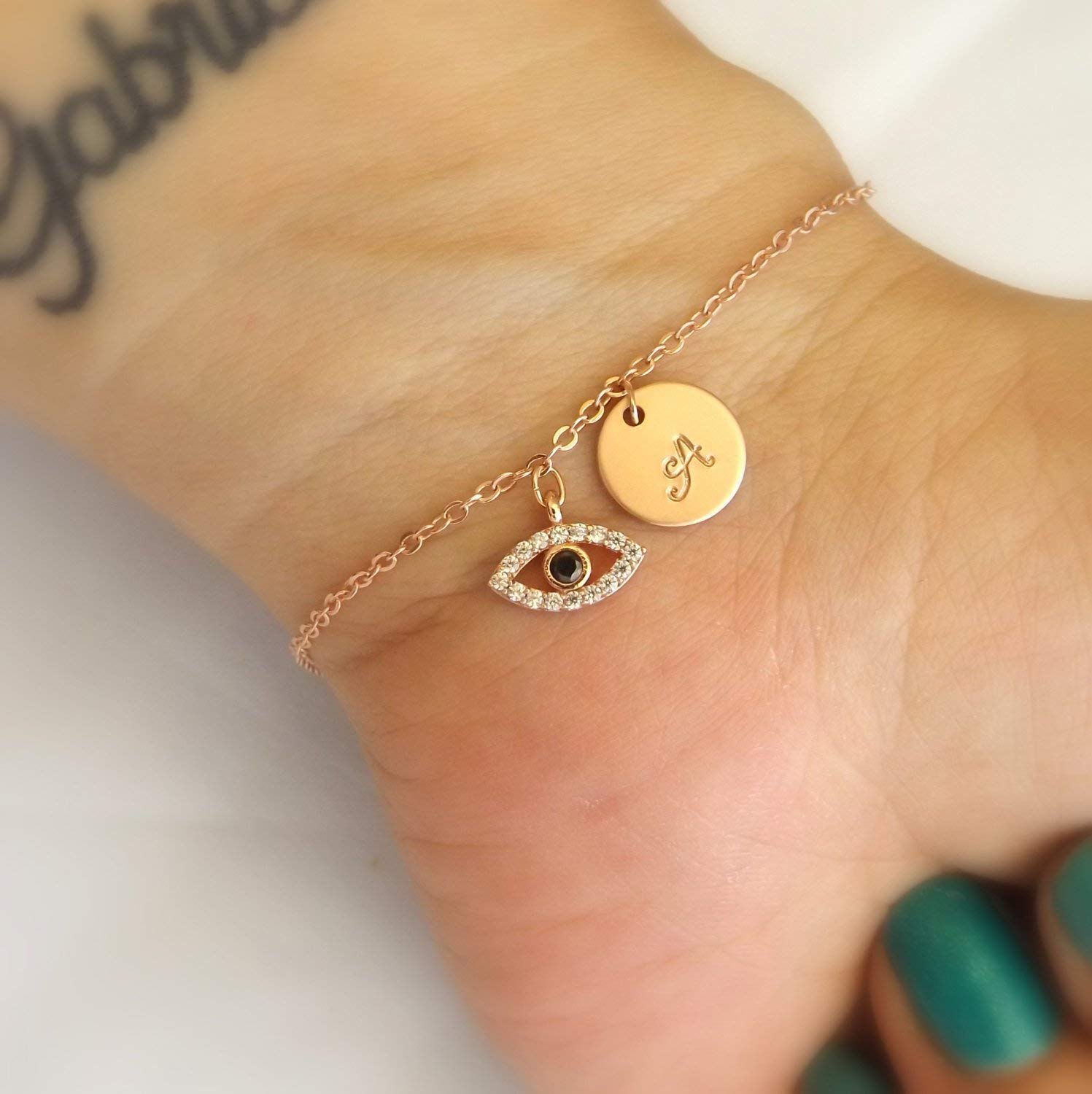 Evil Eye Bracelet with InitialSilver Plated Rose Gold Plated or 16k Gold PlatedGreek Evil Eye Cubic Zirconia Bracelet