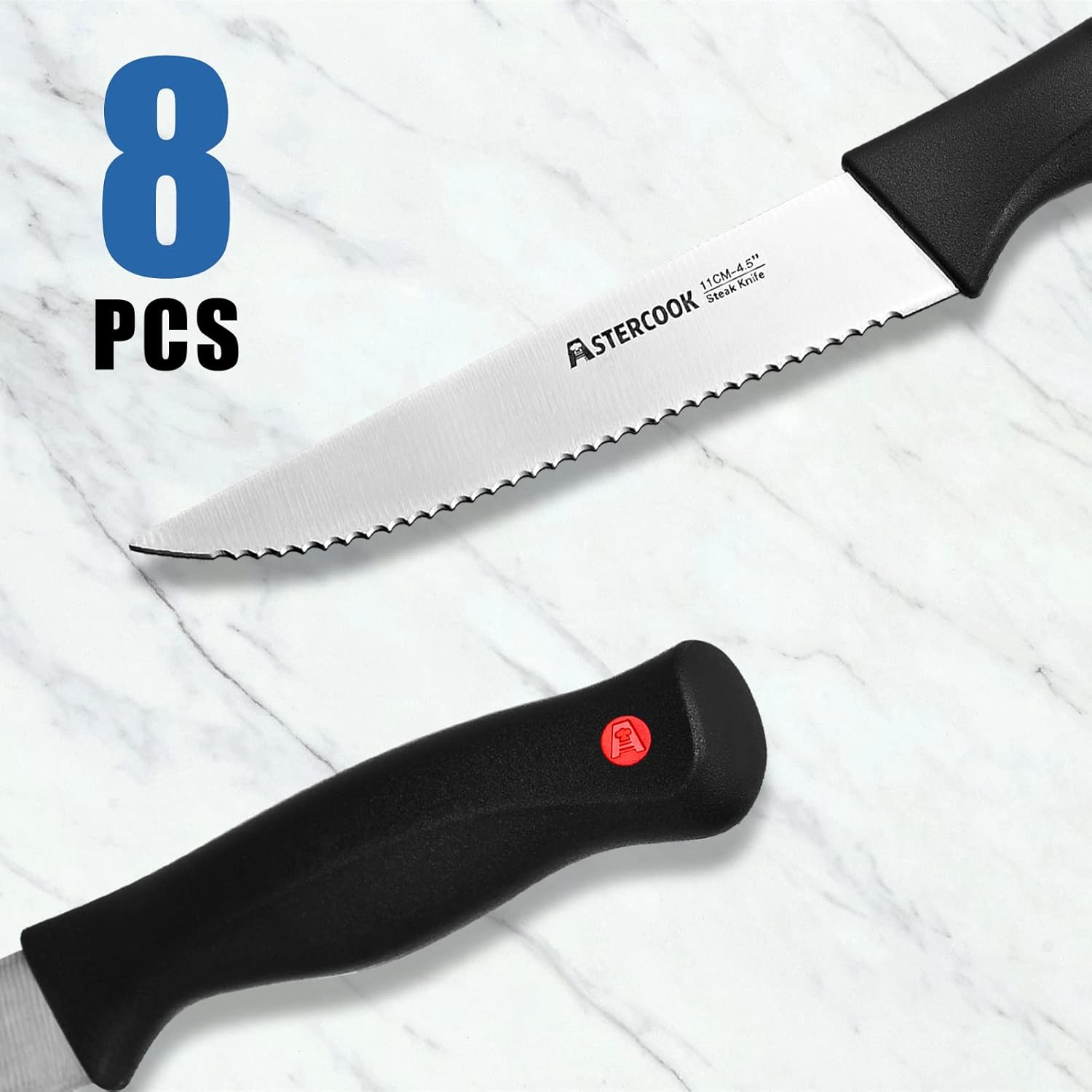 Astercook Cuchillo para carne, juego de 8 cuchillos para carne con funda, apto para lavavajillas, acero inoxidable de alto carbono con tapa, color