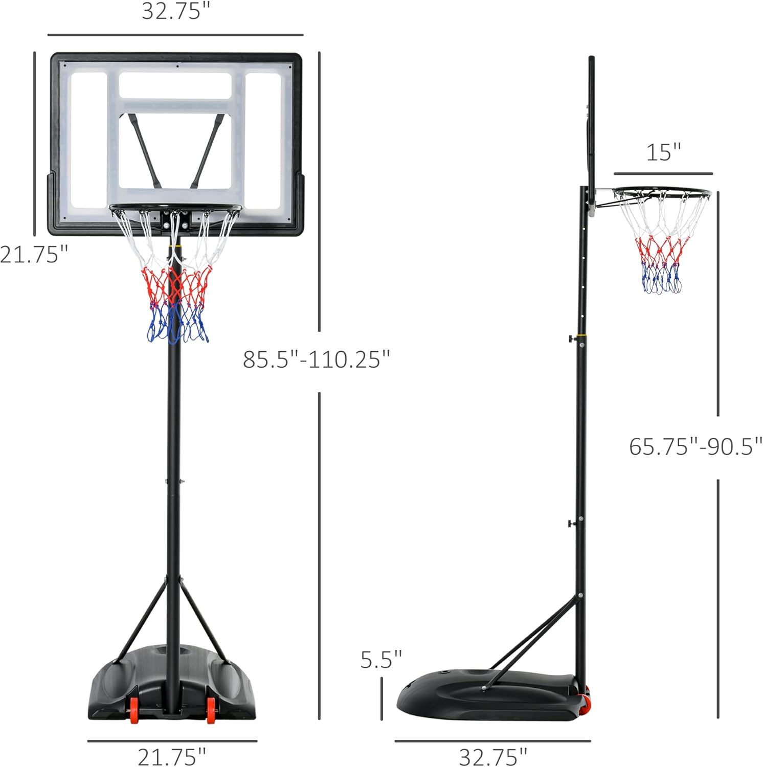 Soozier Aro de baloncesto para exteriores, portería de baloncesto portátil, altura ajustable de 5.5 a 7.5 pies con tablero trasero de 33 pulgadas y