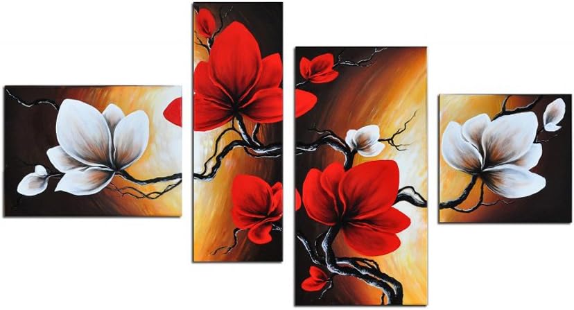 Noah Art – Lienzo pintado a mano con flores, flores de primavera y tulipán, pinturas modernas de flores, 4 paneles estirados de flores rojas,