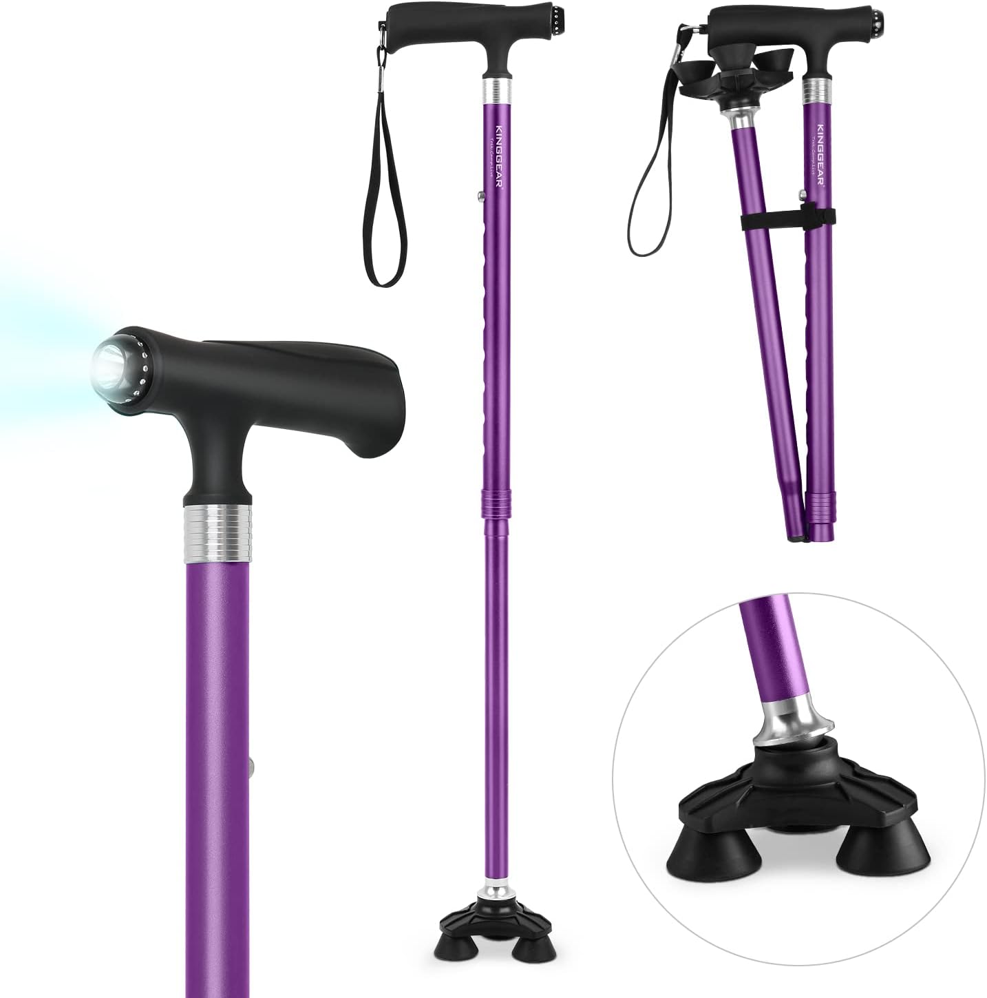 KINGGEAR Walking Cane for Women & Men, Adjustable Lightweight LED Walking Stick with Autonomous Standing, Large Sturdy 360 Swivel Base Crutches Cane