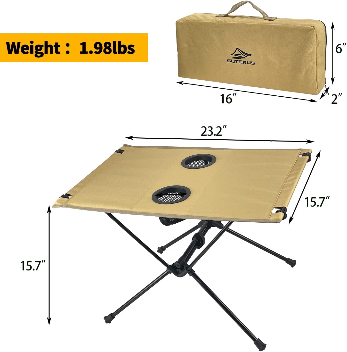 Sutekus Mesa de camping plegable con 2 portavasos, compacta y ligera, con tapa dura, con bolsa de almacenamiento (desierto)