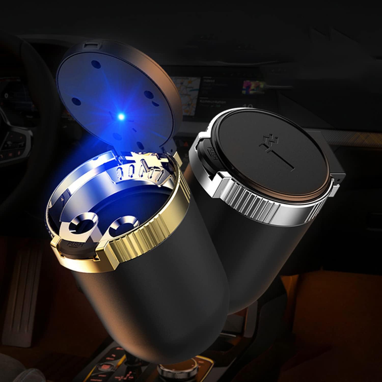 Cenicero de automóvil con tapa, bandeja de cenizas portátil, mini bote de basura para automóvil con luz LED azul a prueba de viento para viajes al