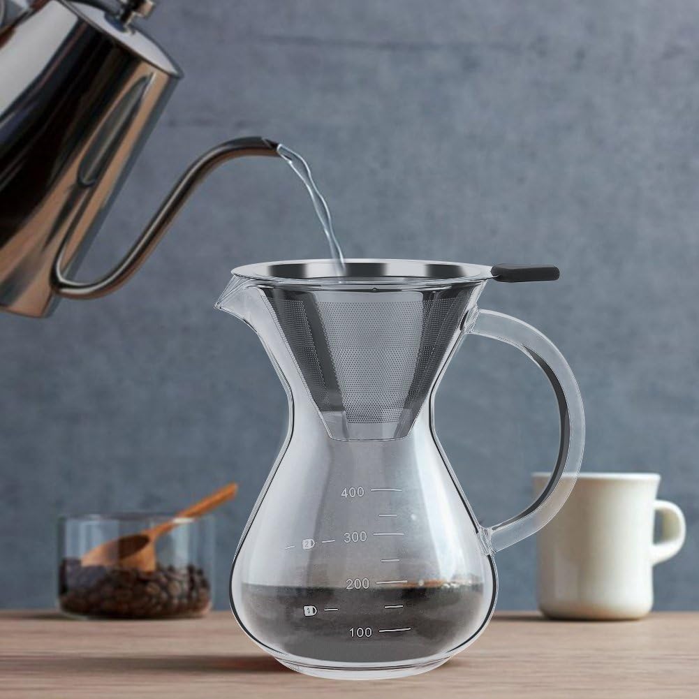 Glass Hand Drip Coffee Maker Pot with Stainless Steel Permanent Filter – 400ML with Scale