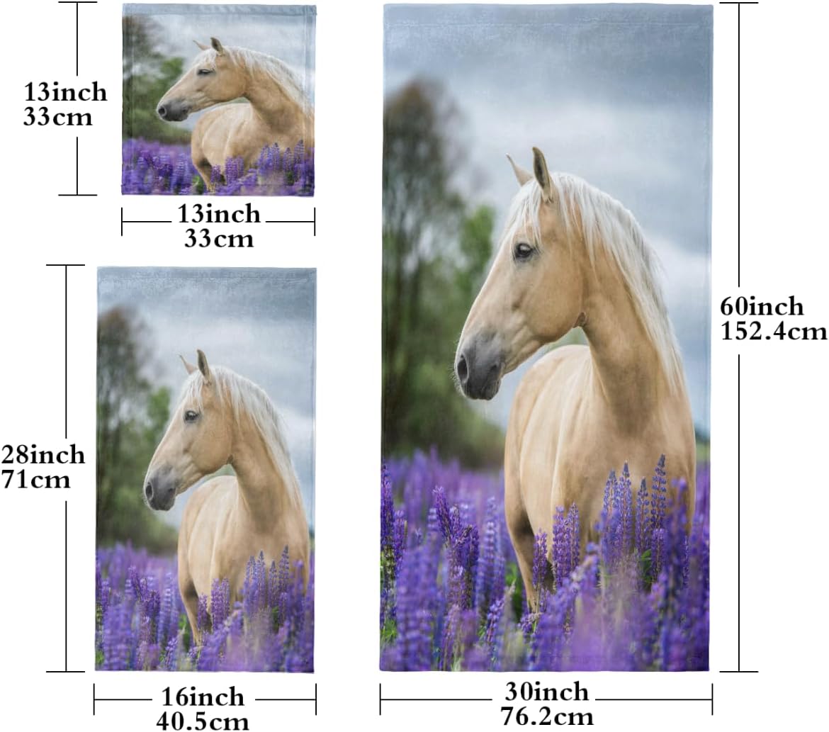 Juego de 3 toallas de baño con diseño de flores de lavanda y caballo de animales, toalla de mano grande, toallas suaves absorbentes florales, toalla
