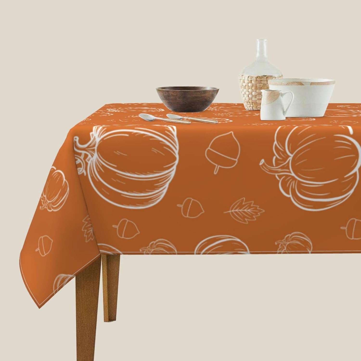 AGAYNA Mantel cuadrado de otoño de 60 x 60 pulgadas, calabazas blancas naranja quemado, mantel de poliéster resistente a las manchas, mantel de