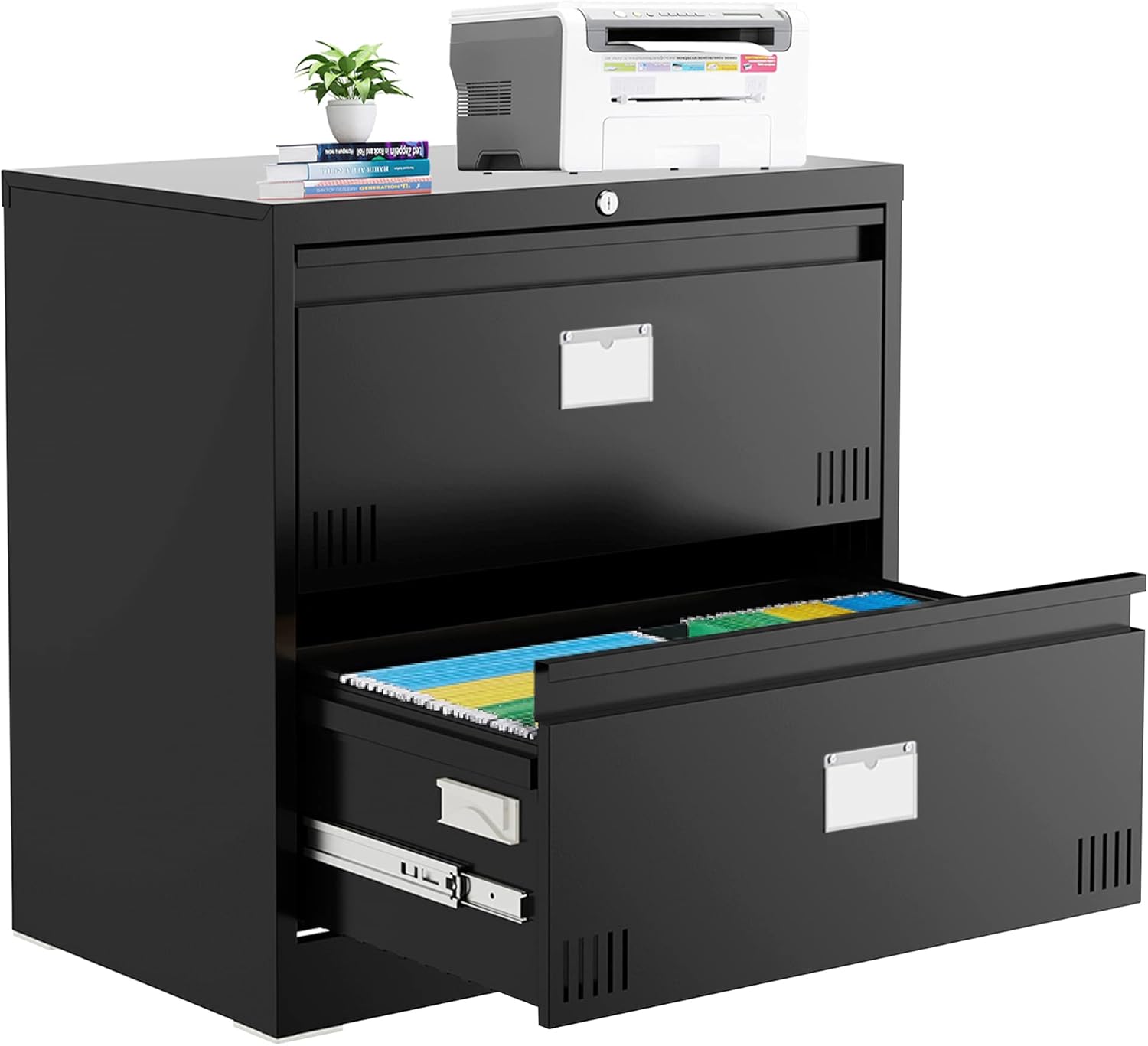 Archivador lateral con cerradura, archivador vertical de 2 cajones, archivador horizontal de metal con ranura para tarjetas para oficina en casa,