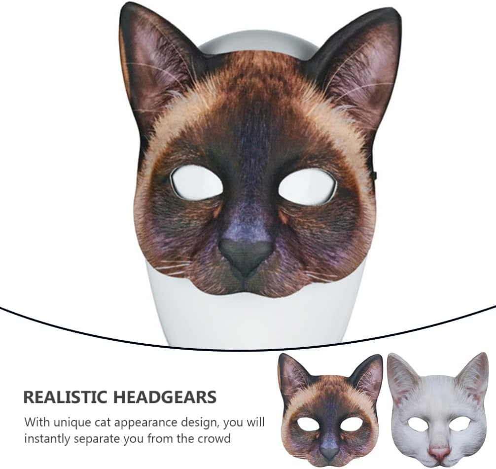 Abaodam 2 máscaras realistas de gatos, animales de media cara, de atigrado, suministros para fiesta de disfraces de Halloween (marrón, blanco)