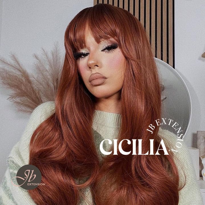 CICILIA – Peluca de cobre con flequillo en capas para usar y llevar, pelucas sin pegamento para mujer, pelucas sintéticas naturales largas y rizadas