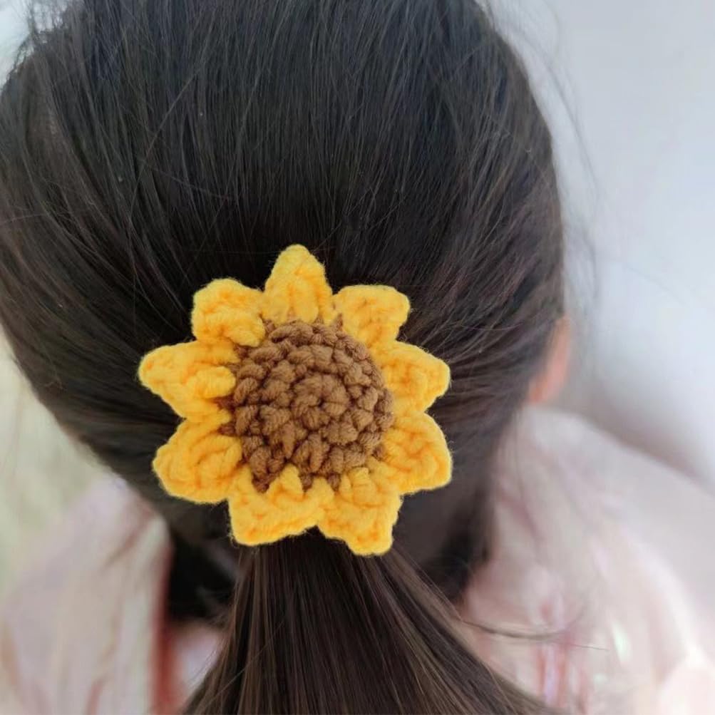 2Pcs Set Hair Ties For Girls, Handmade Cotton Sunflower Hair Rope, Tied Hair Yellow Flower Elastic Hair Bands, Lovely Ponytail Holder Hair Circl,