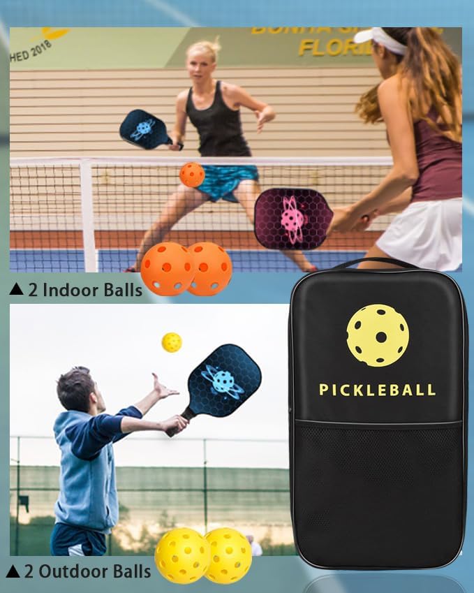 Pickleball Paddles, Graphite Pickleball Paddles Set of 2, Lightweight Pickleball Set with 4 Pickleball Balls and 1 Carrying Bag, Pickleball Rackets