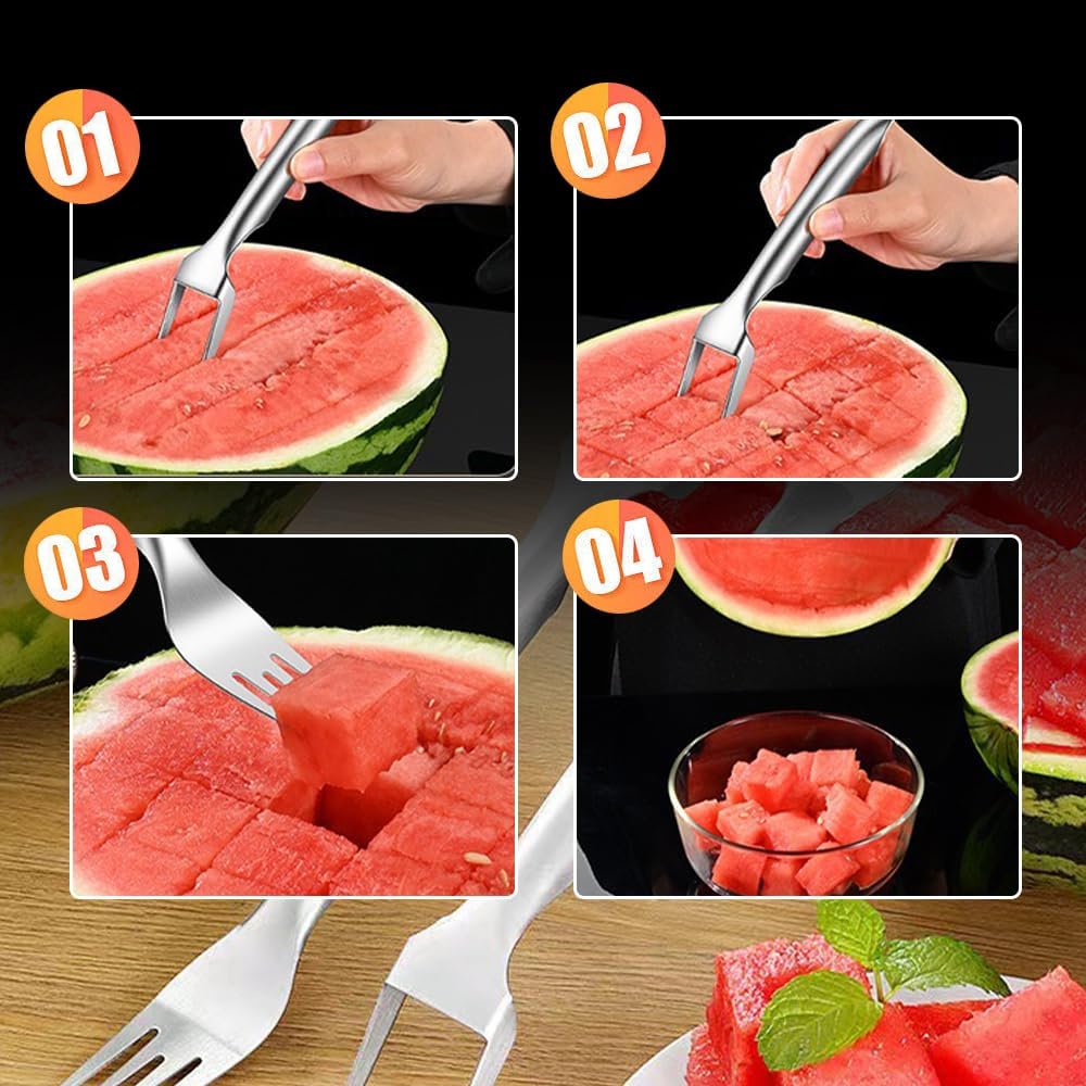 2-In-1 Stainless Steel Fruit Cutter, 2024 New Portable Watermelon Cutter Slicer Tool Melon Cube Cutter, Watermelon Windmill Fork Slicer Cutter for