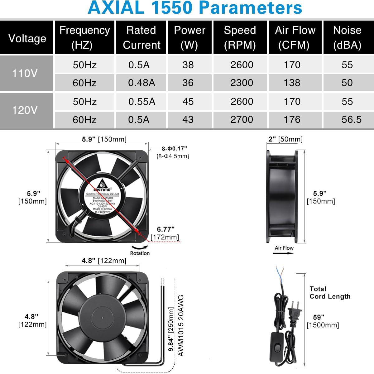 GDSTIME Ventilador AXIAL 15050, 110V 120V AC 5.906 in x 5.906 in x 1.969 in Ventilador, Proyectos de Escape de Ventilación Ventilador de Enfriamiento