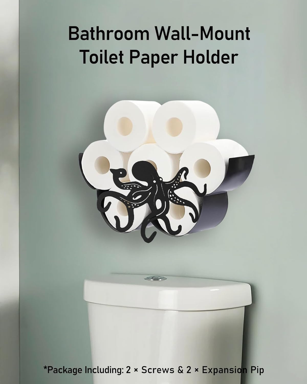 Estante para papel higiénico de pulpo, organizador y almacenamiento de papel higiénico decorativo negro mate para 8 rollos adicionales, divertidos