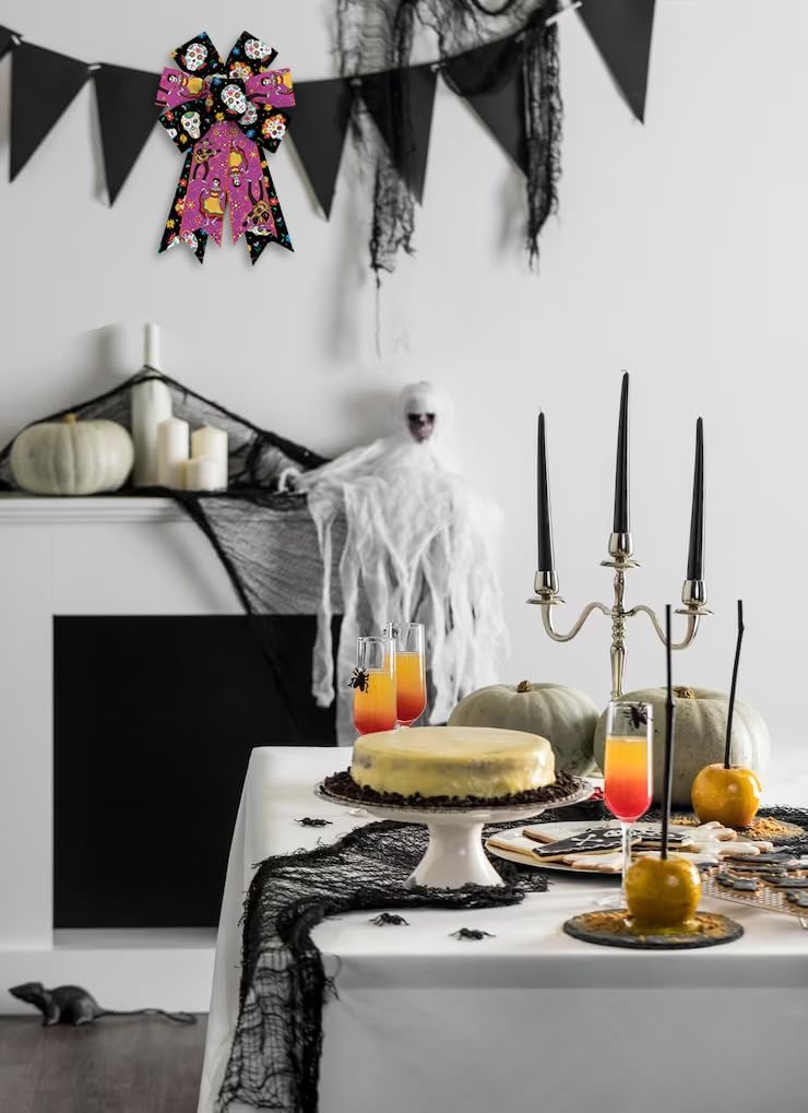 Hying 2 lazos para corona, diseño de esqueleto mexicano, arco de arpillera rojo y negro, lazos de arpillera para el Día de los Muertos México, lazos