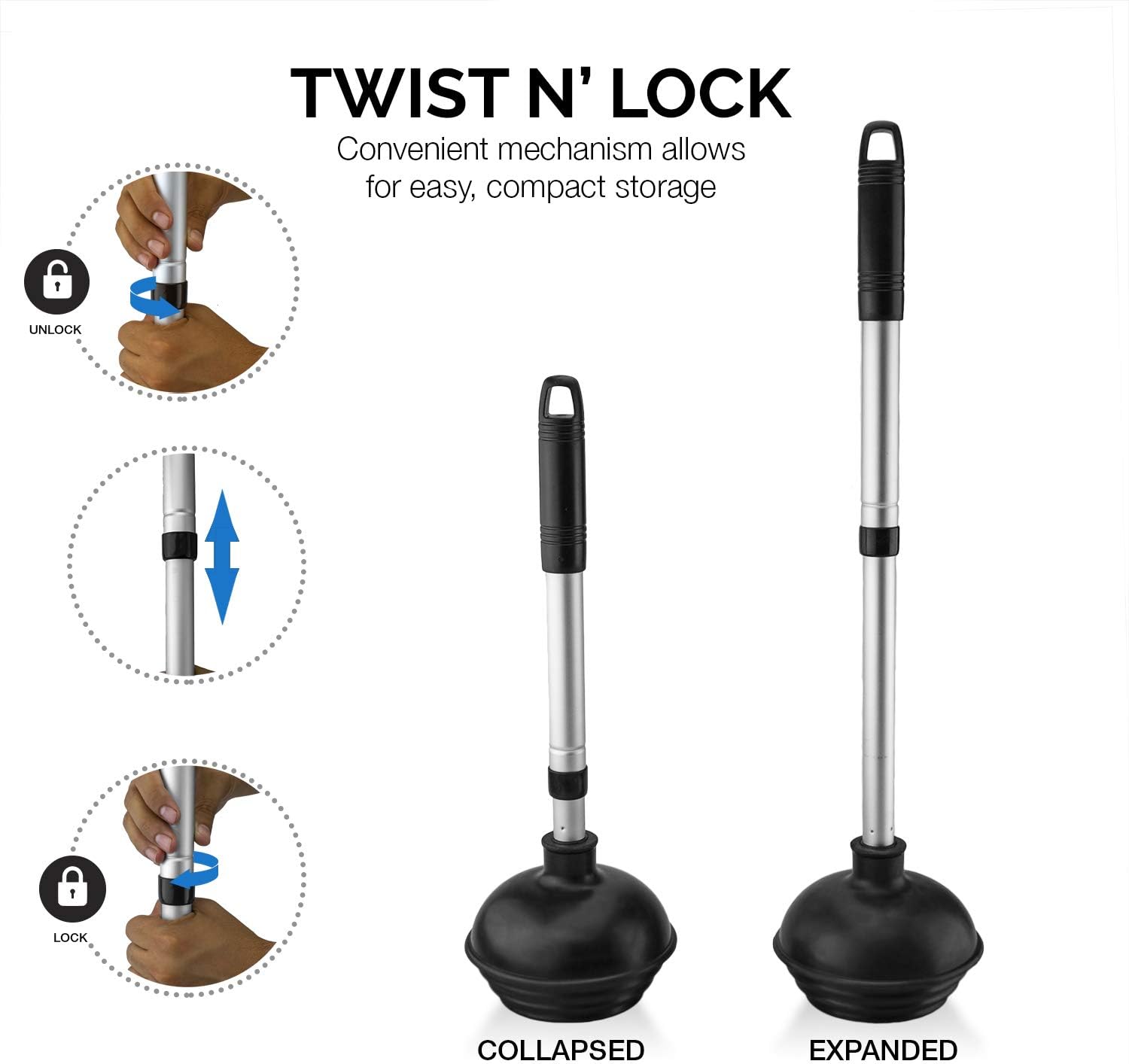 NEIKO 60169A – Émbolo de inodoro  2 piezas  Mini-fregadero y émbolo de drenaje  Compacto  Diseño patentado en todos los ángulos  Mango telescópico