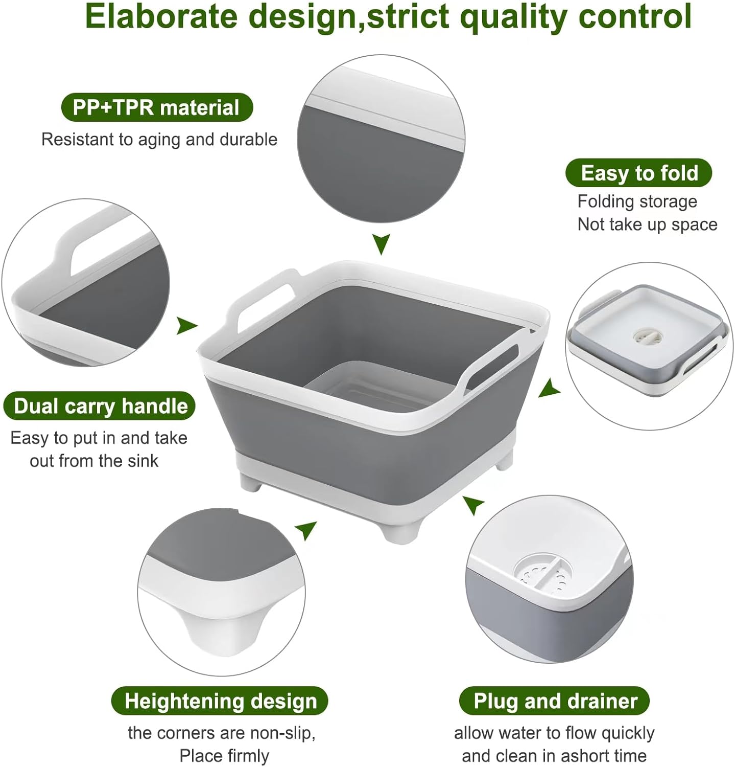 Lavabo plegable de 9L (gris, PP, TPR), tina portátil con tapón de drenaje, estante de secado que ahorra espacio para cocina, campamento, lavandería