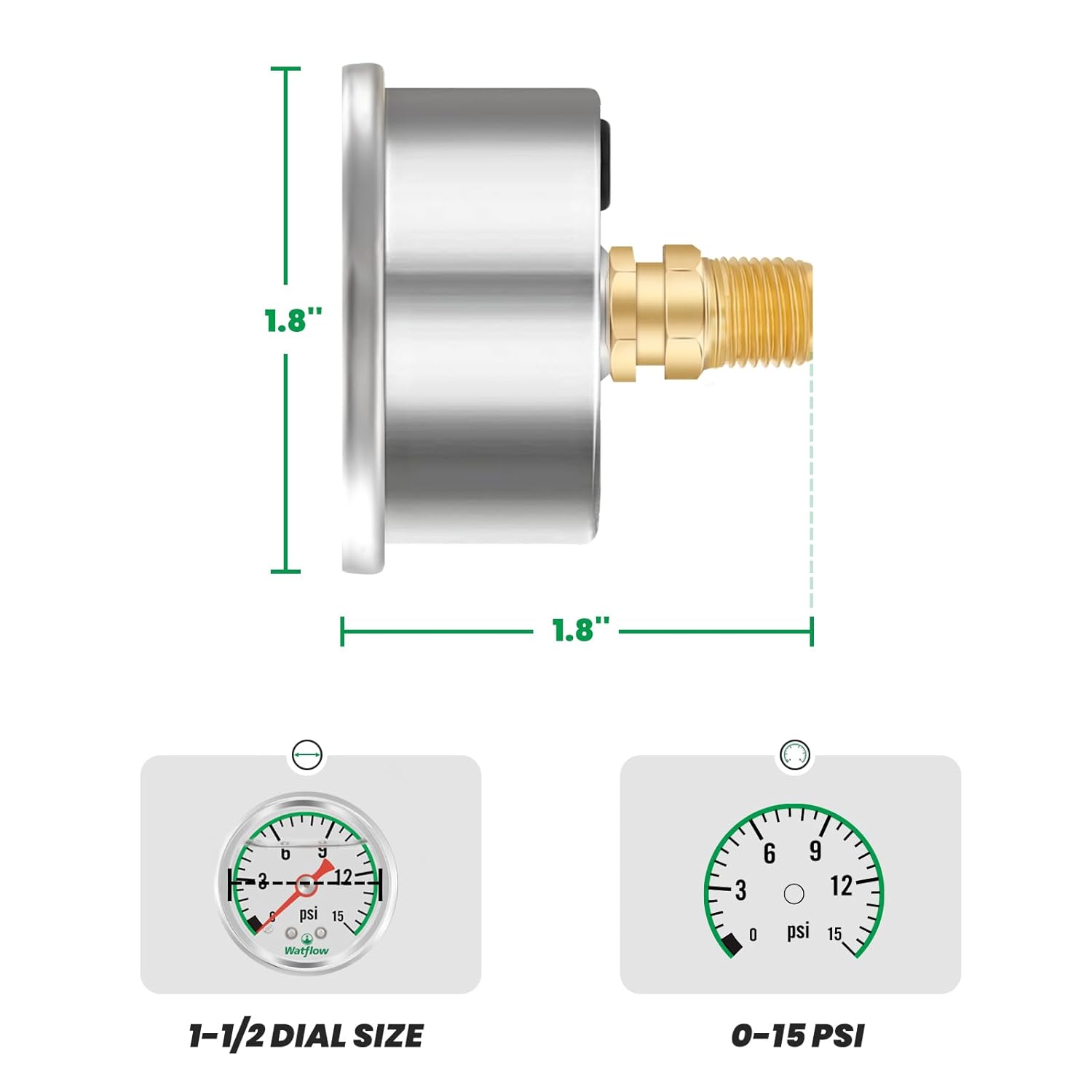 Watflow Resistencia a caídas de 0 a 15 psi, tamaño del dial de 1.5 pulgadas, conexión central trasera NPT de 18 pulgadas, material de acero