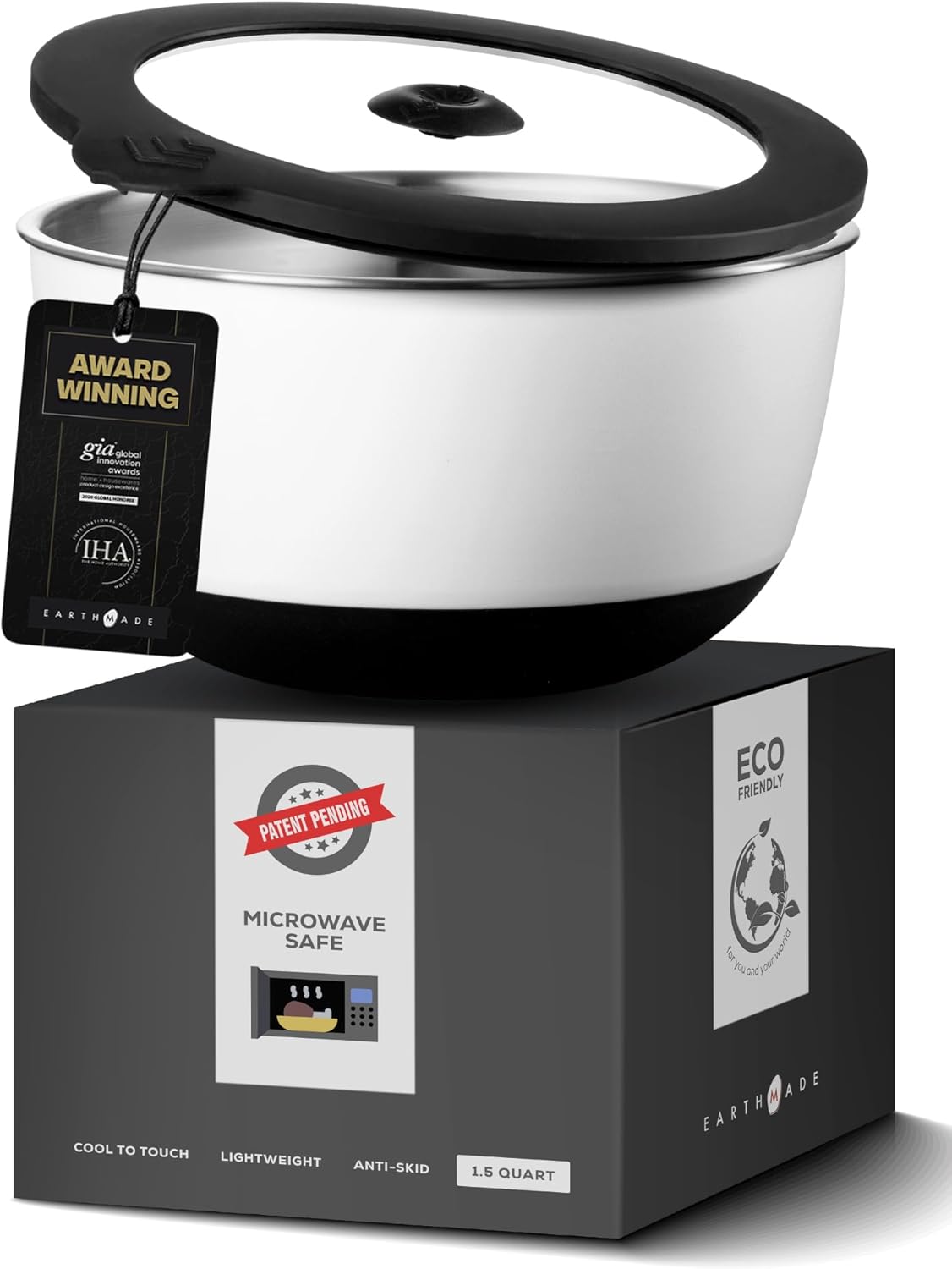 Evolution – Tazón para mezclar de acero inoxidable para microondas con tapa, 1.5 cuartos de galón, tapas de vidrio templado, alternativa al tazón de