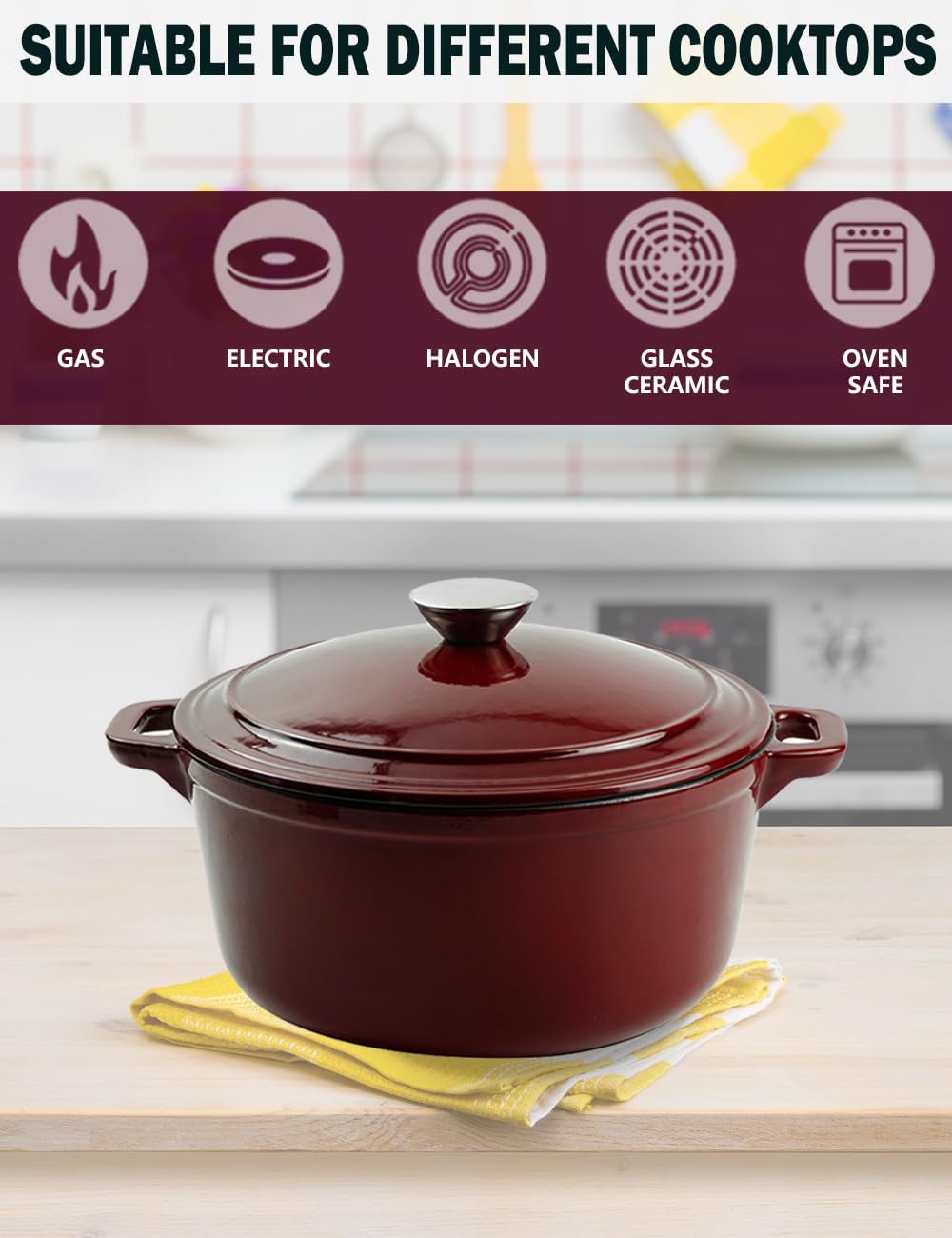NWsystems Horno holandés de hierro fundido de 5.1 cuartos de galón, interior antiadherente y esmaltado, multiusos para cocinar y hornear, apto para