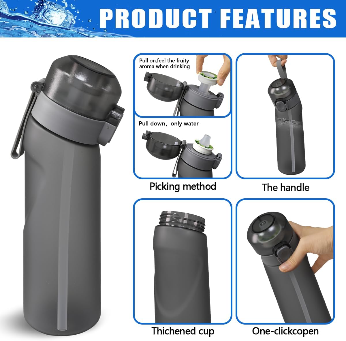 Botella de agua con cápsulas de sabor, botella de agua con fragancia de fruta, taza de agua con aroma, taza de agua deportiva adecuada para deportes
