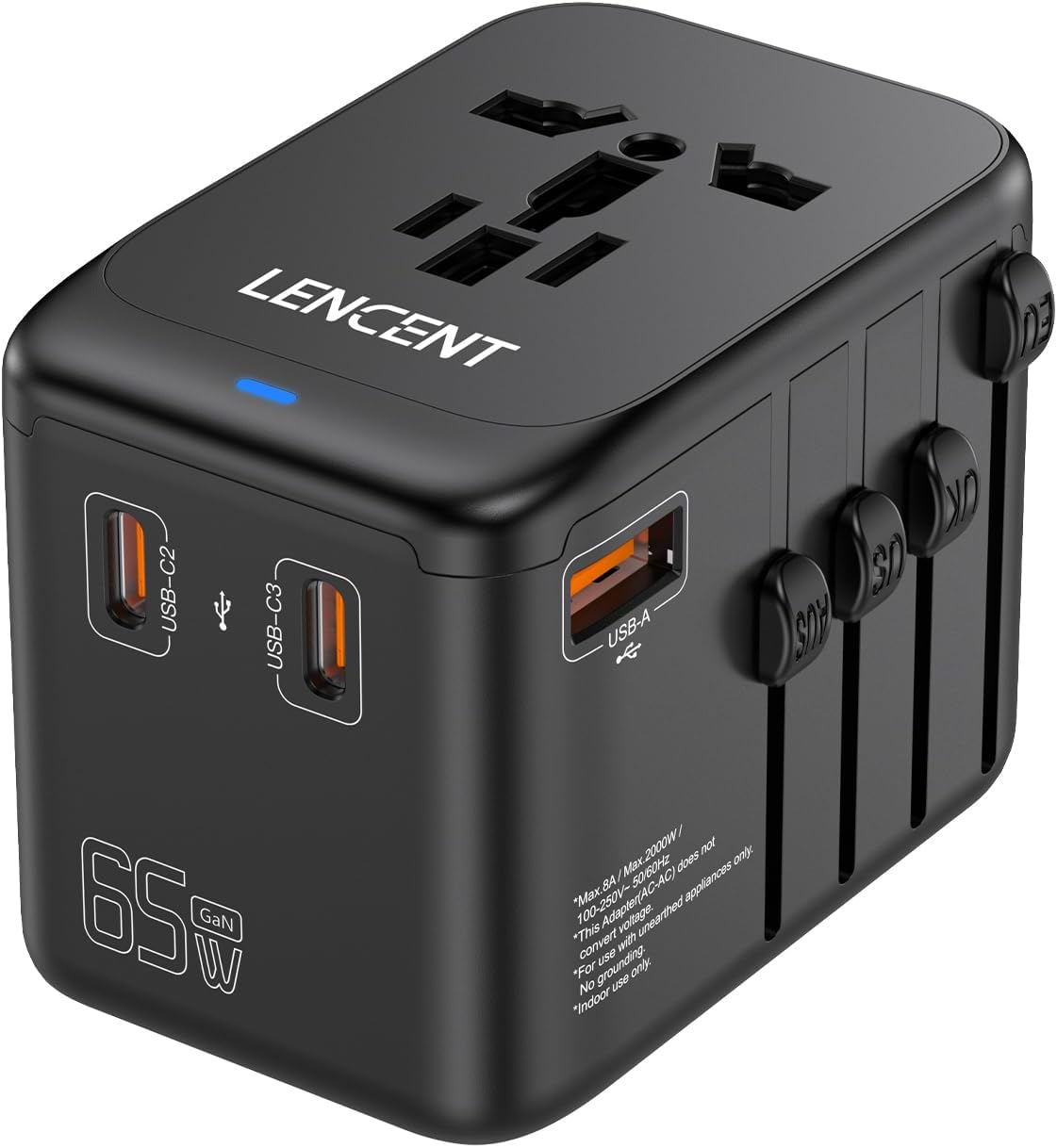 LENCENT Adaptador de viaje internacional, cargador de viaje universal GaN III de 65 W con 1 USB-A y 3 USB-C PD de carga rápida, adaptador de salida