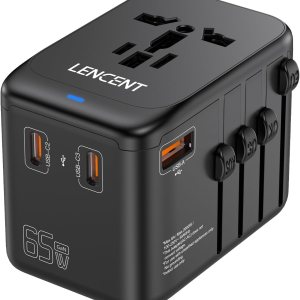 LENCENT Adaptador de viaje internacional, cargador de viaje universal GaN III de 65 W con 1 USB-A y 3 USB-C PD de carga rápida, adaptador de salida LENCENT Adaptador de viaje internacional, cargador de viaje universal GaN III de 65 W con 1 USB-A y 3 USB-C PD de carga rápida, adaptador de salida