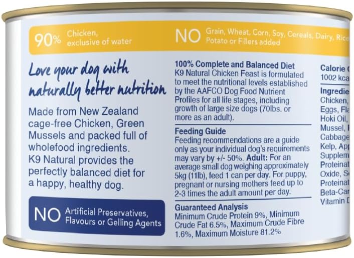 K9 Natural Alimento enlatado para perros sin BPA y sin gelatina, pollo, 6 onzas, paquete de 12