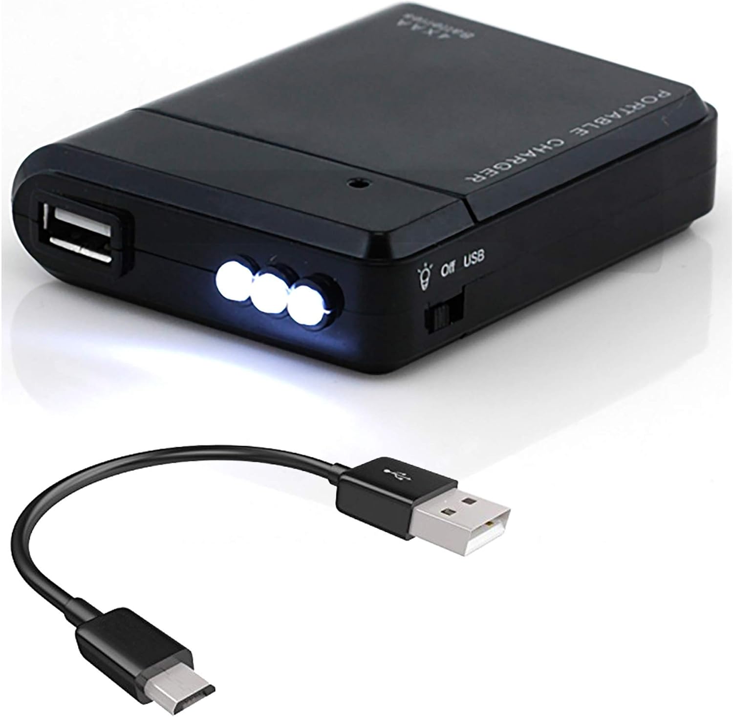 El cargador de viaje de batería AA portátil funciona para Samsung SM-A320F y recargador de emergencia con luz LED. Toma 4 pilas AA, USB-C) Negro