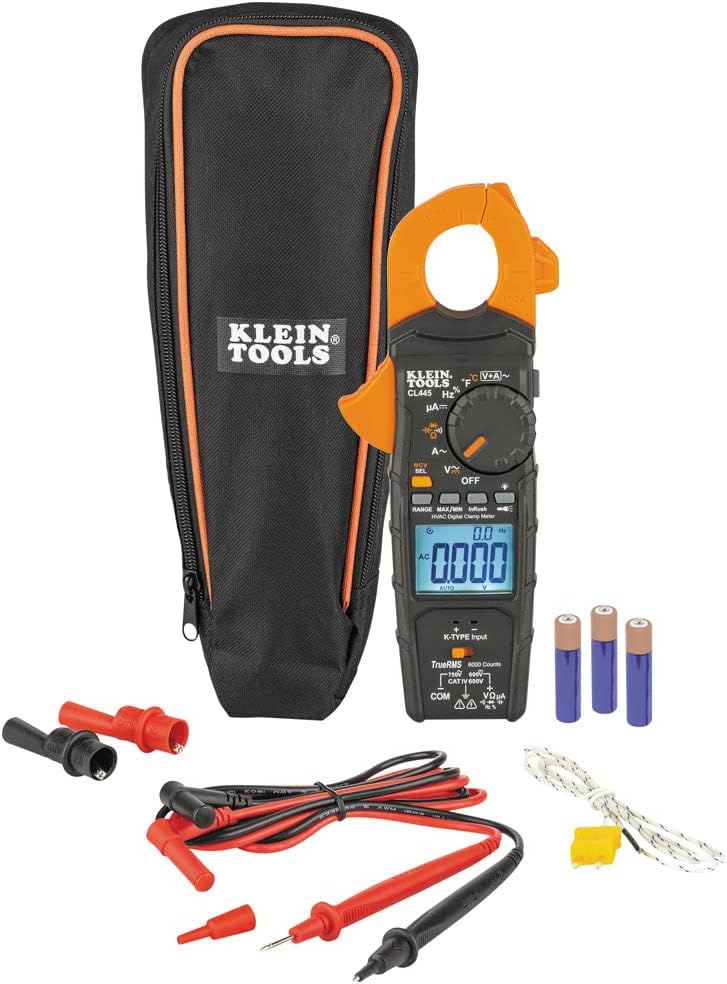 Klein Tools CL445 Medidor de abrazadera HVAC, TRMS de rango automático, NCVT, mide voltaje, corriente, temperatura, micro amperios, InRush y más
