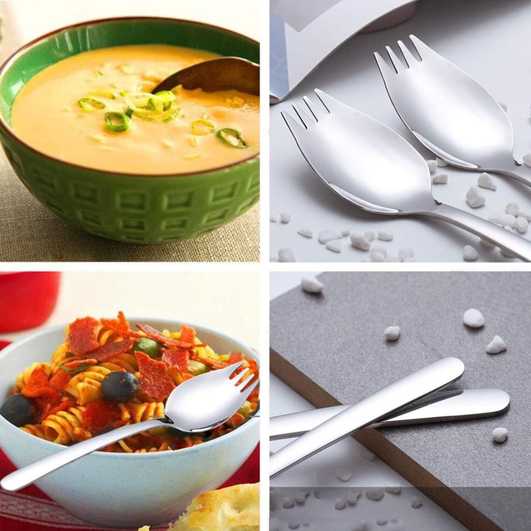 Sporks, AXIAOLU – Juego de 6 tenedores de acero inoxidable 1810, cuchara de helado de 7.4 pulgadas y tenedores de ensalada, tenedores reutilizables