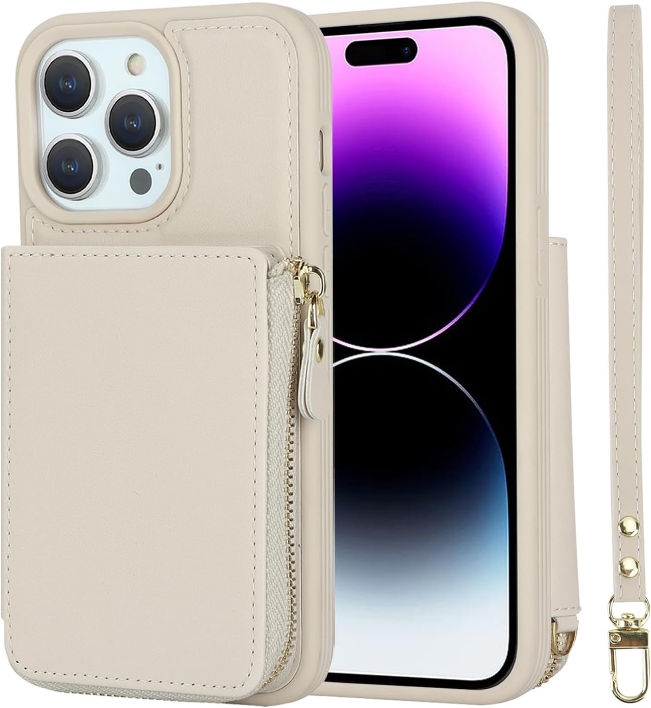 Funda para iPhone 14 Pro Max con tarjetero con cremallera para mujer, iPhone 14 Pro Max, cartera con tarjeta de crédito con anillo y soporte de