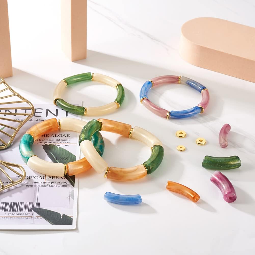 Mega Pet Kit de fabricación de pulseras de cuentas de tubo curvo, 120 cuentas acrílicas de tubo de bambú con 40 cuentas espaciadoras de disco de