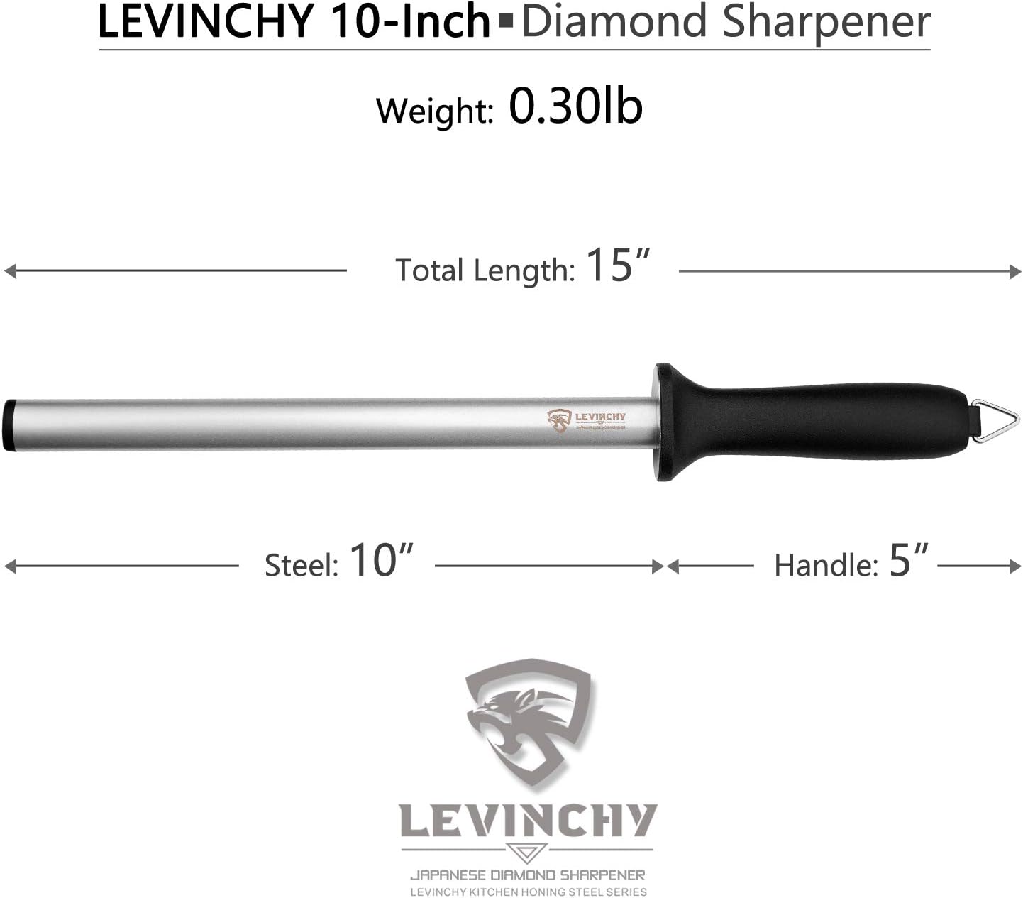 LEVINCHY Acero para afilar cuchillos de diamante de 10 pulgadas, acero profesional con revestimiento de diamante, barra afiladora de cuchillos de