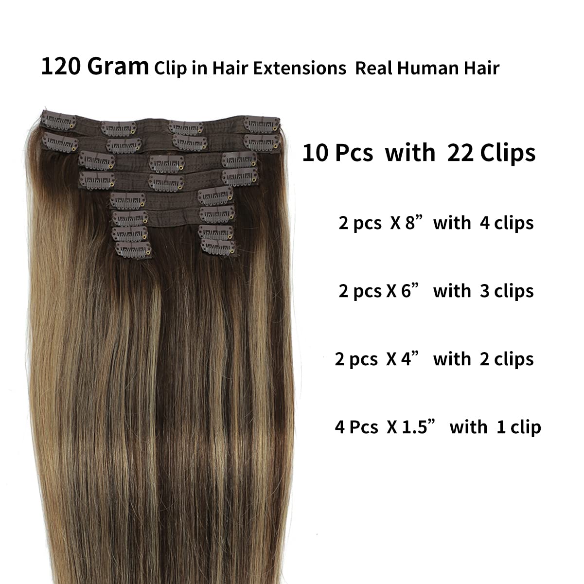 Extensiones de cabello humano real con pinzas, balayage, color marrón chocolate a rubio sucio, mezcla de marrón, 14 pulgadas, 3.53 oz, 10 unidades