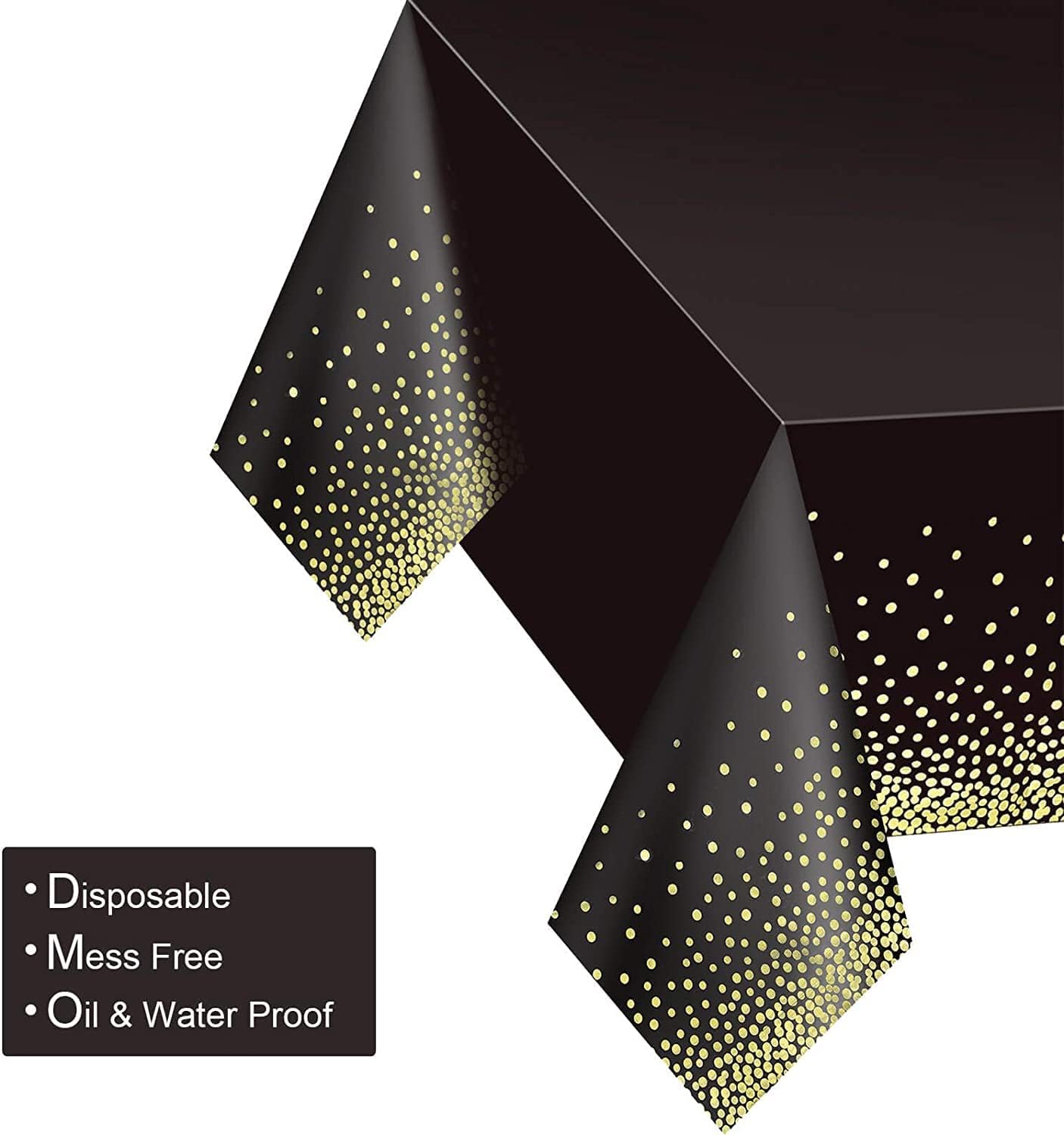 Paquete de 12 manteles de plástico desechables negro y dorado para mesas rectangulares (54 x 108 pulgadas), fundas desechables impermeables para