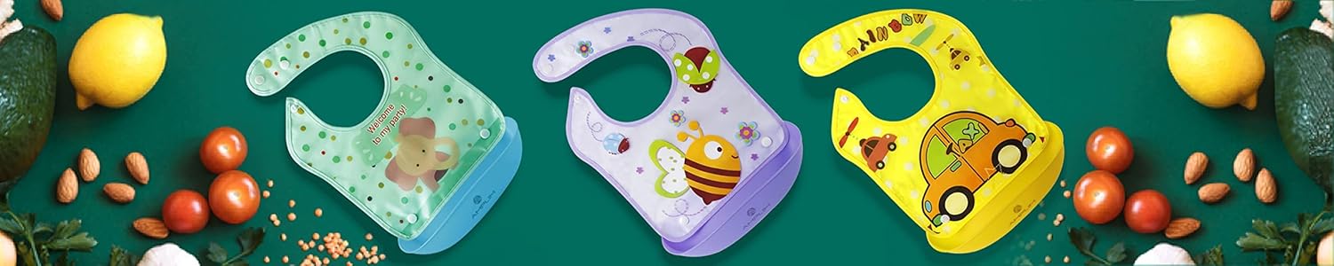 Amplim Babero de alimentación para bebés (paquete de 3) baberos para comer. Impermeable, ajustable, ligero. Material ecológico de PEVA. Sin BPA,
