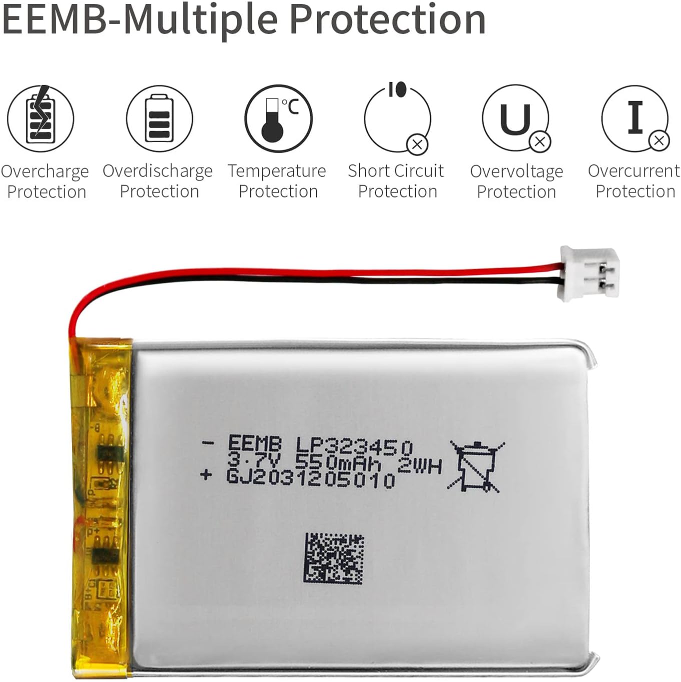 EEMB Batería recargable de iones de polímero de litio de 3.7V 550mAh 323450 Lipo con conector JST Asegúrese de que la polaridad del dispositivo