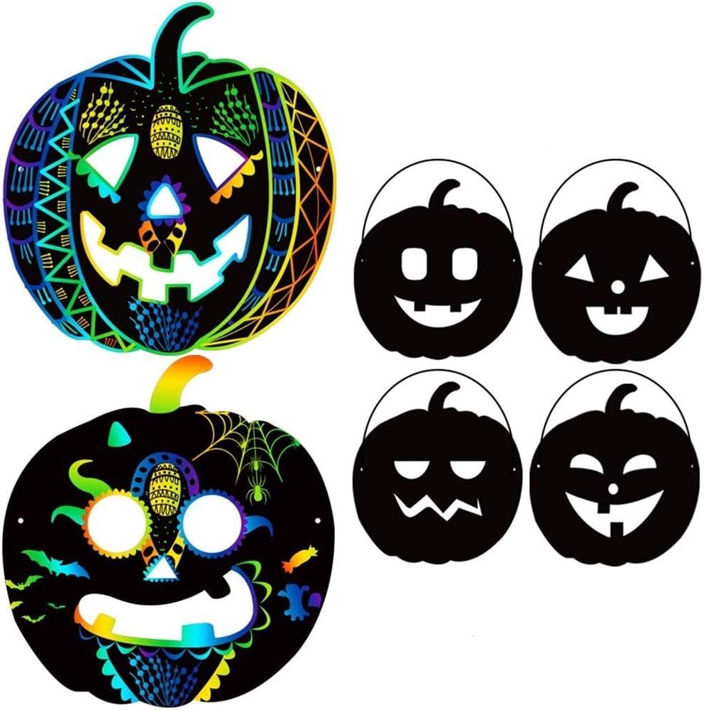 AMINORD Manualidades de Halloween para niños, paquete de 24 máscaras mágicas de arco iris para rascar, decoraciones de calabaza para niños de 3 a 5,