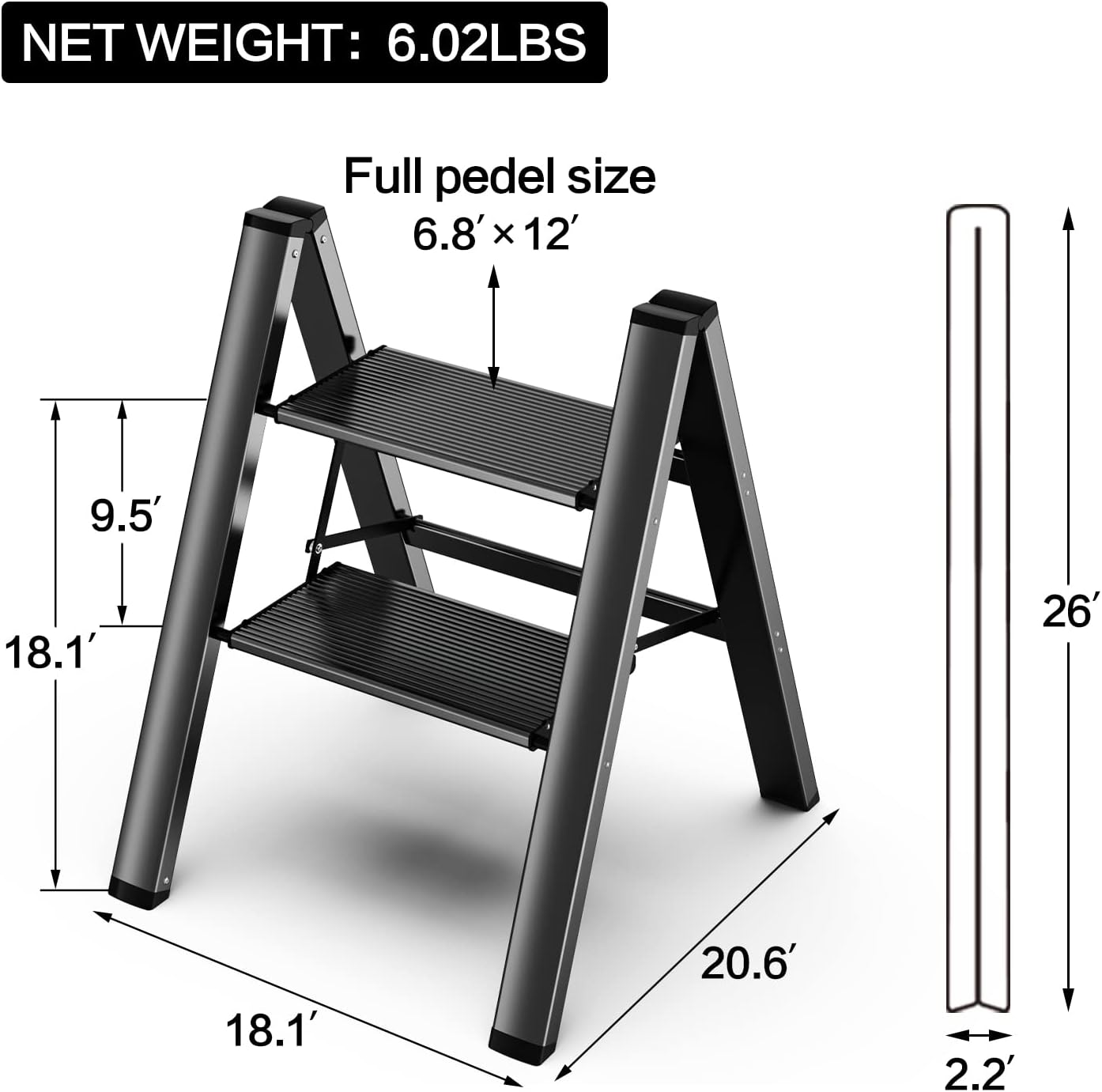 GameGem Escalera de 2 escalones, taburete plegable de aluminio de 2 escalones con pedal antideslizante resistente y ancho, escalera de mano ligera y