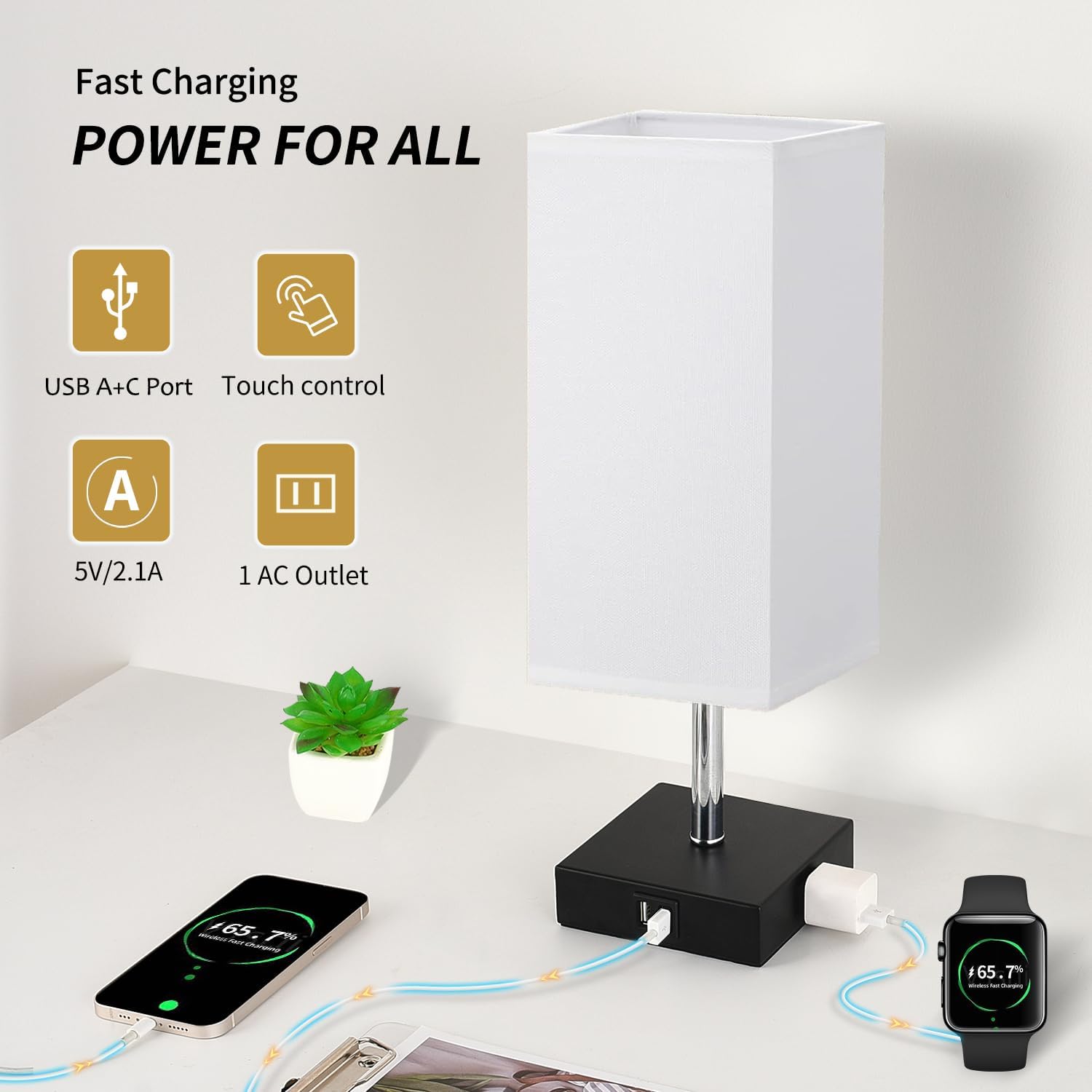 Lámpara de noche con control táctil, lámparas de mesa regulables de 3 vías con 2 puertos USB y tomacorriente, lámpara de mesita de noche para
