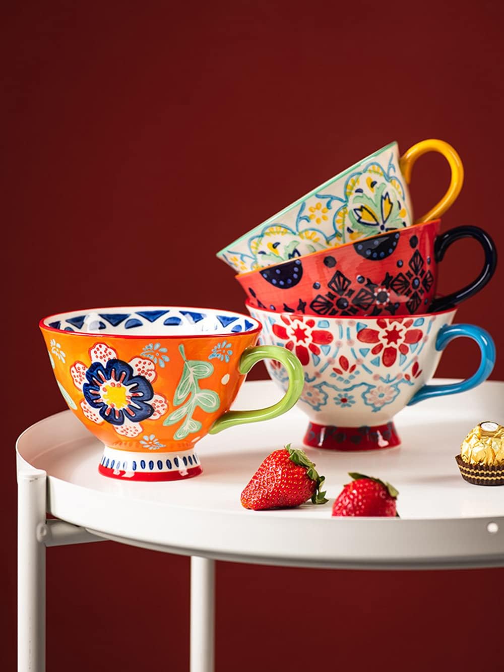 Bicuzat Taza de café de cerámica de gran capacidad con patrón floral pintado a mano, taza de té y leche, taza de desayuno para el hogar, cocina, 14